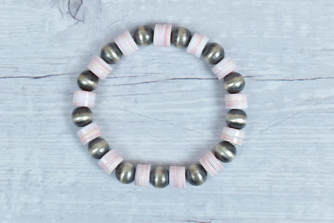 Handmade Sterling Silver Pearls & Pink Conch Stretch Bracelet