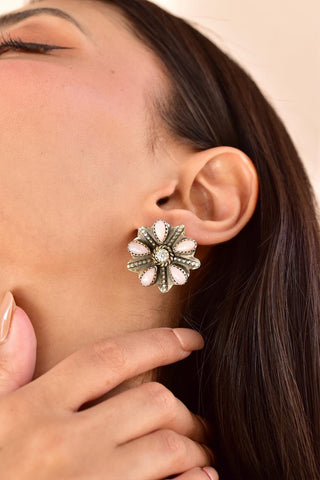 Handmade Pink Opal Sterling Silver Stud Earrings with Cubic Zircon