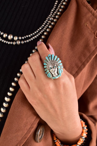 Turquoise Chief Head Ring: 925 Sterling Silver Adjustable Statement Ring
