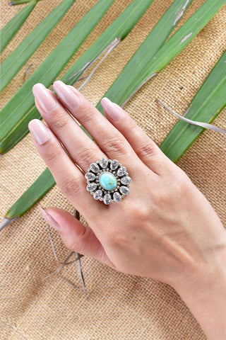 Handmade Cubic Zirconia, Turquoise & Sterling Silver Adjustable Ring