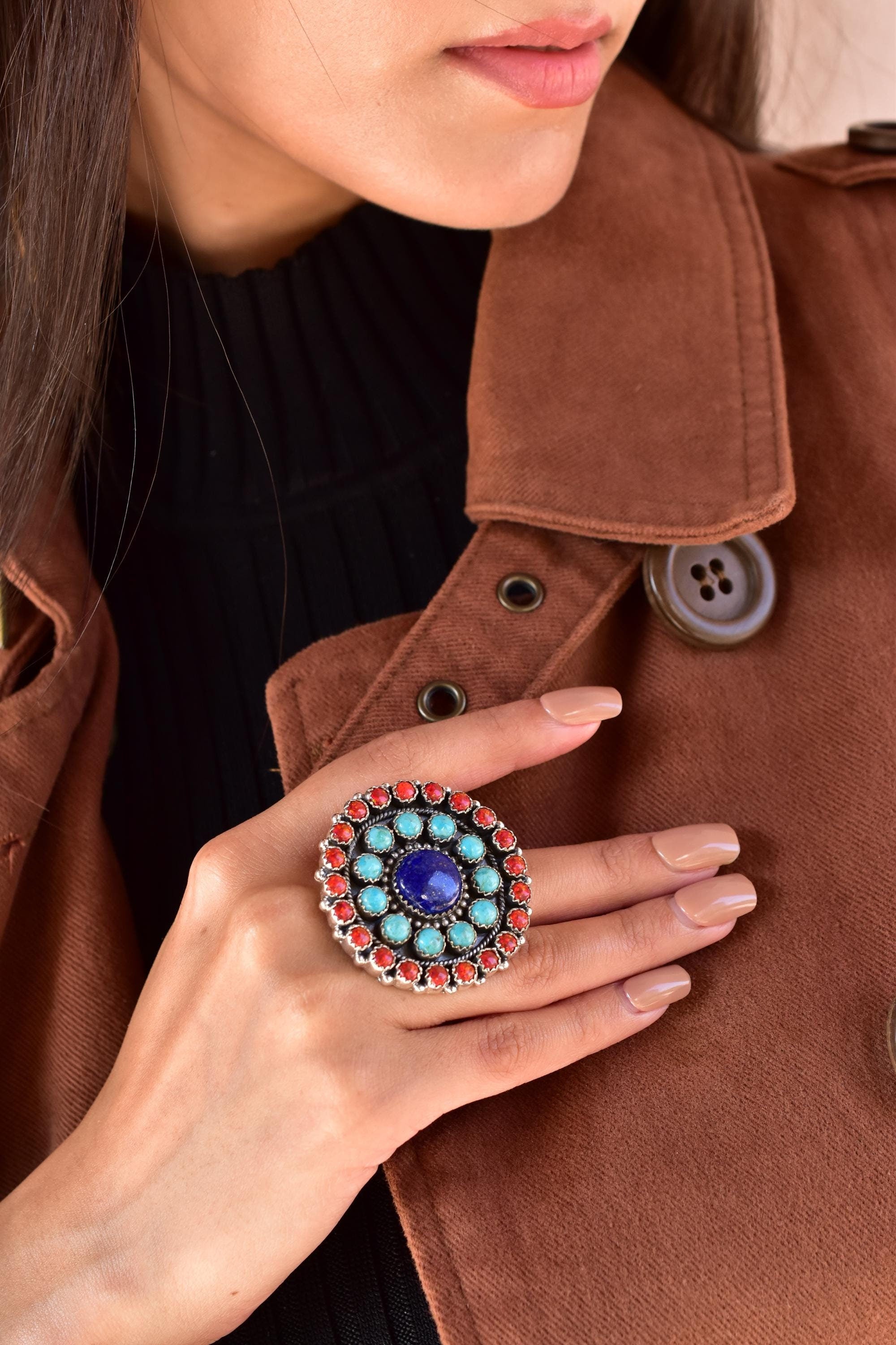 Handmade Turquoise & Aurora Opal 925 Sterling Silver Adjustable Ring, Statement Ring for Women