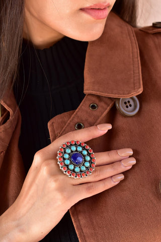 Handmade Turquoise & Aurora Opal Sterling Silver Adjustable Ring