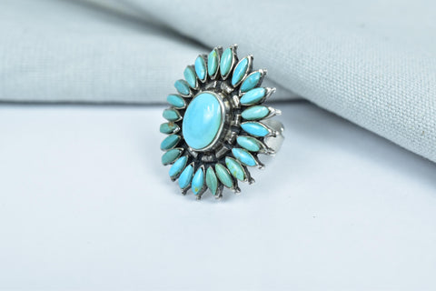 Handmade Turquoise Cluster Ring in 925 Sterling Silver, Gemstone Adjustable Statement Ring for Women