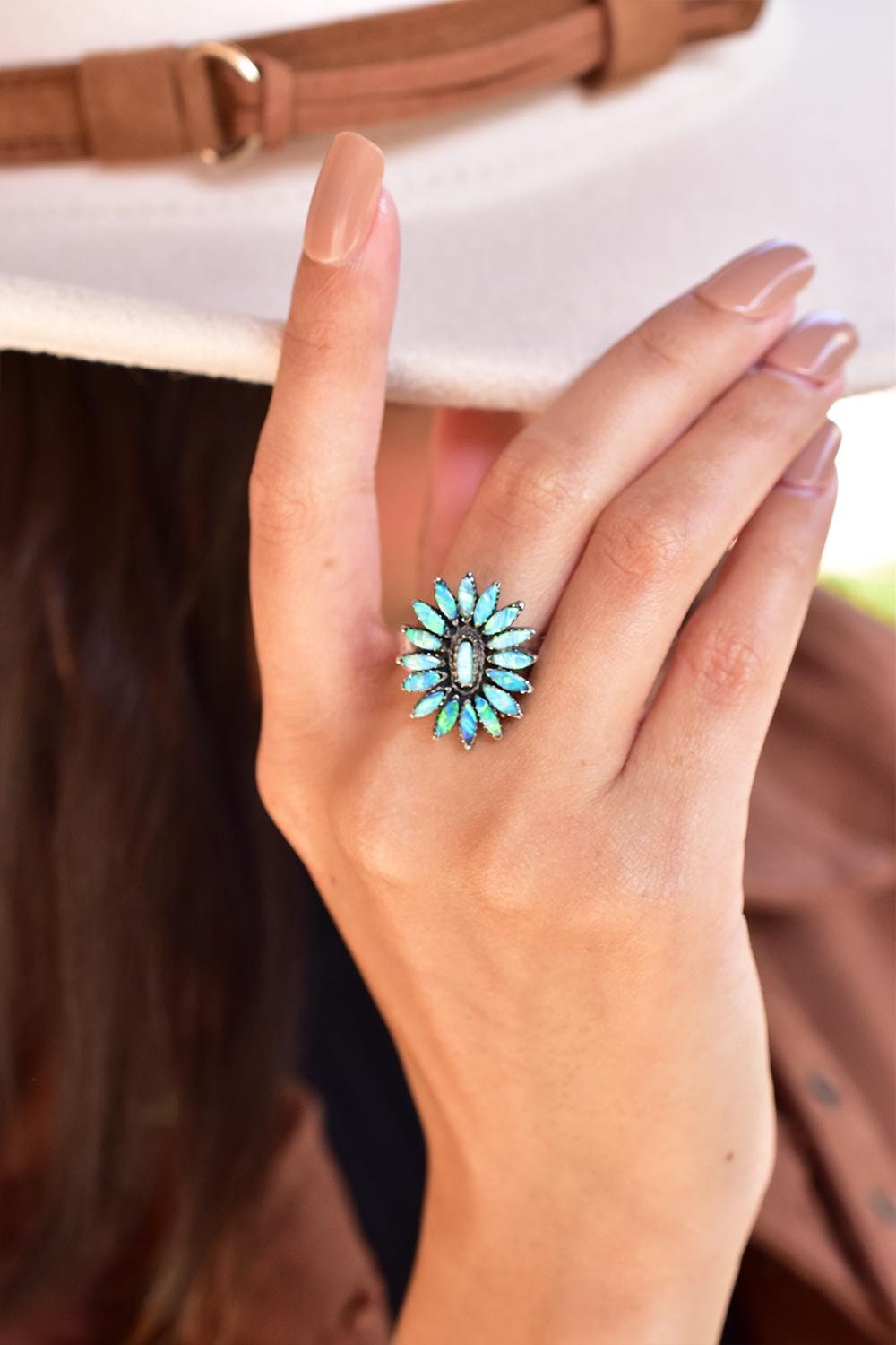 Handmade Aurora Opal & Sterling Silver Adjustable Ring, Statement Cluster Ring for Women