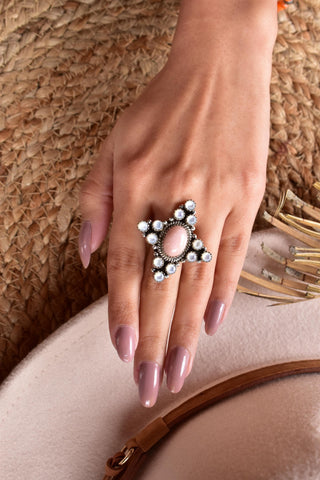Handmade Pink Opal & White Pearl Sterling Silver Adjustable Ring