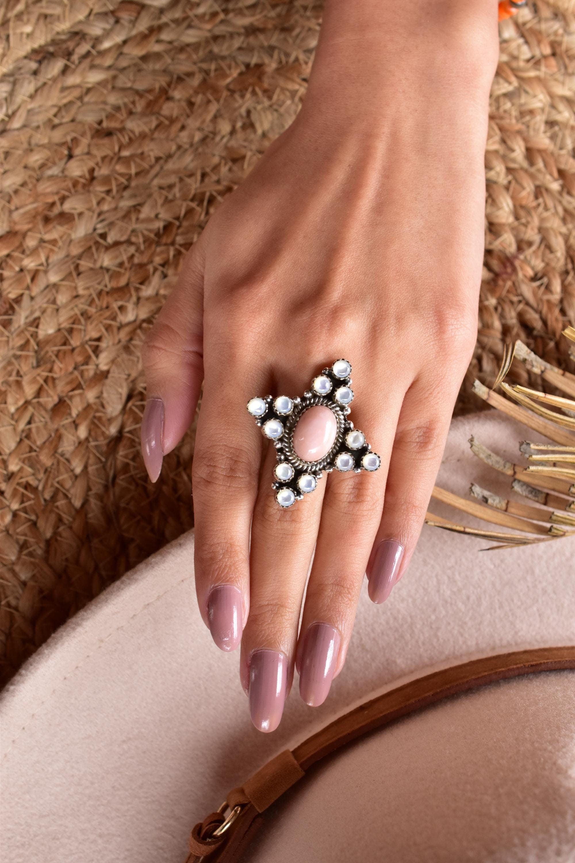 Handmade Pink Opal & White Pearl Sterling Silver Adjustable Ring