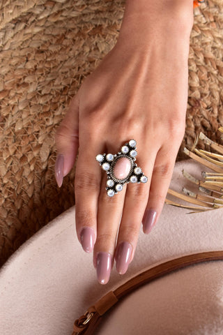 Handmade Pink Opal & White Pearl Sterling Silver Adjustable Ring