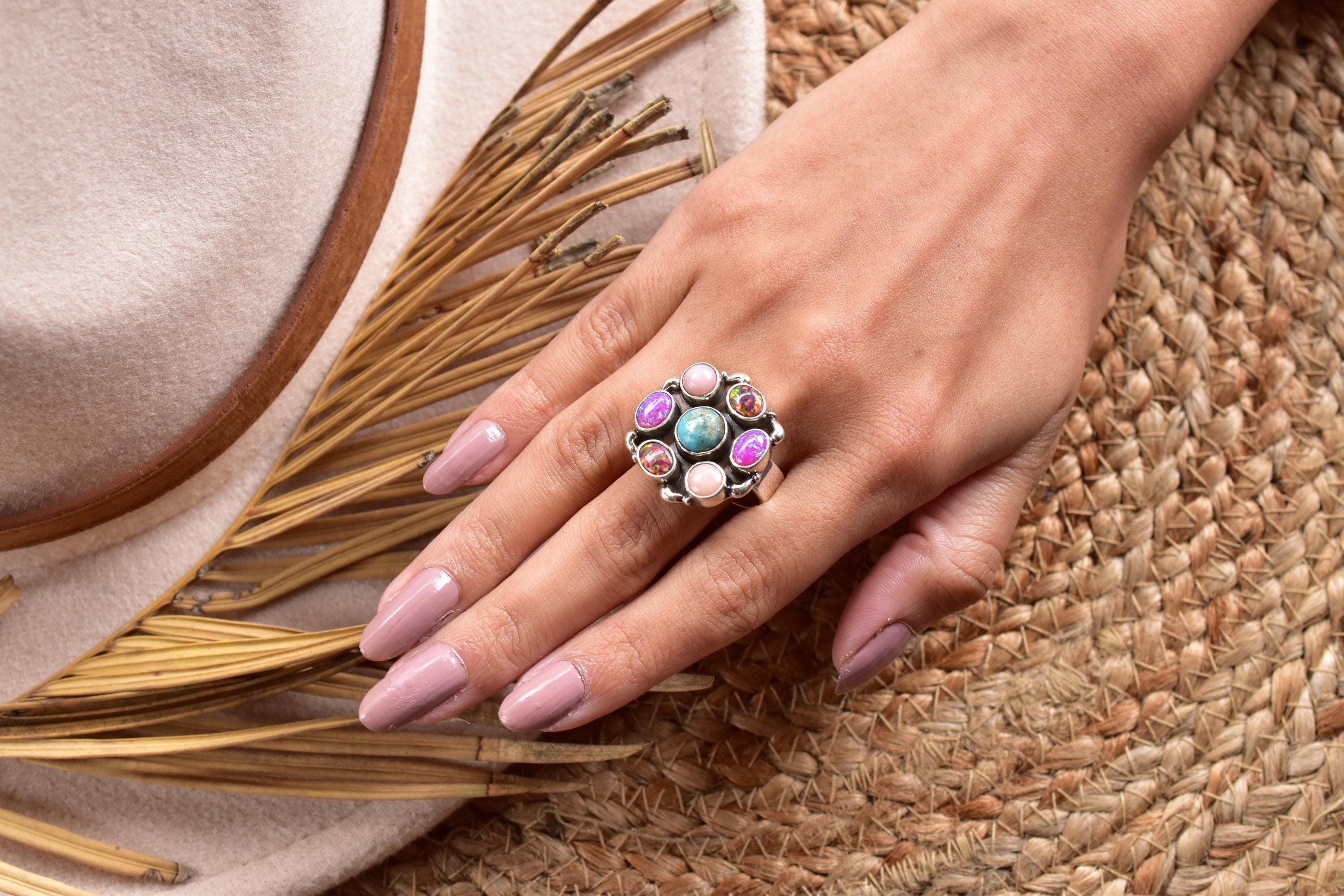 Handmade Turquoise & Opal Sterling Silver Adjustable Ring