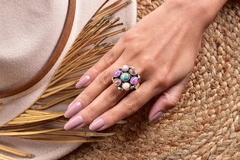Handmade Turquoise & Opal Sterling Silver Adjustable Ring