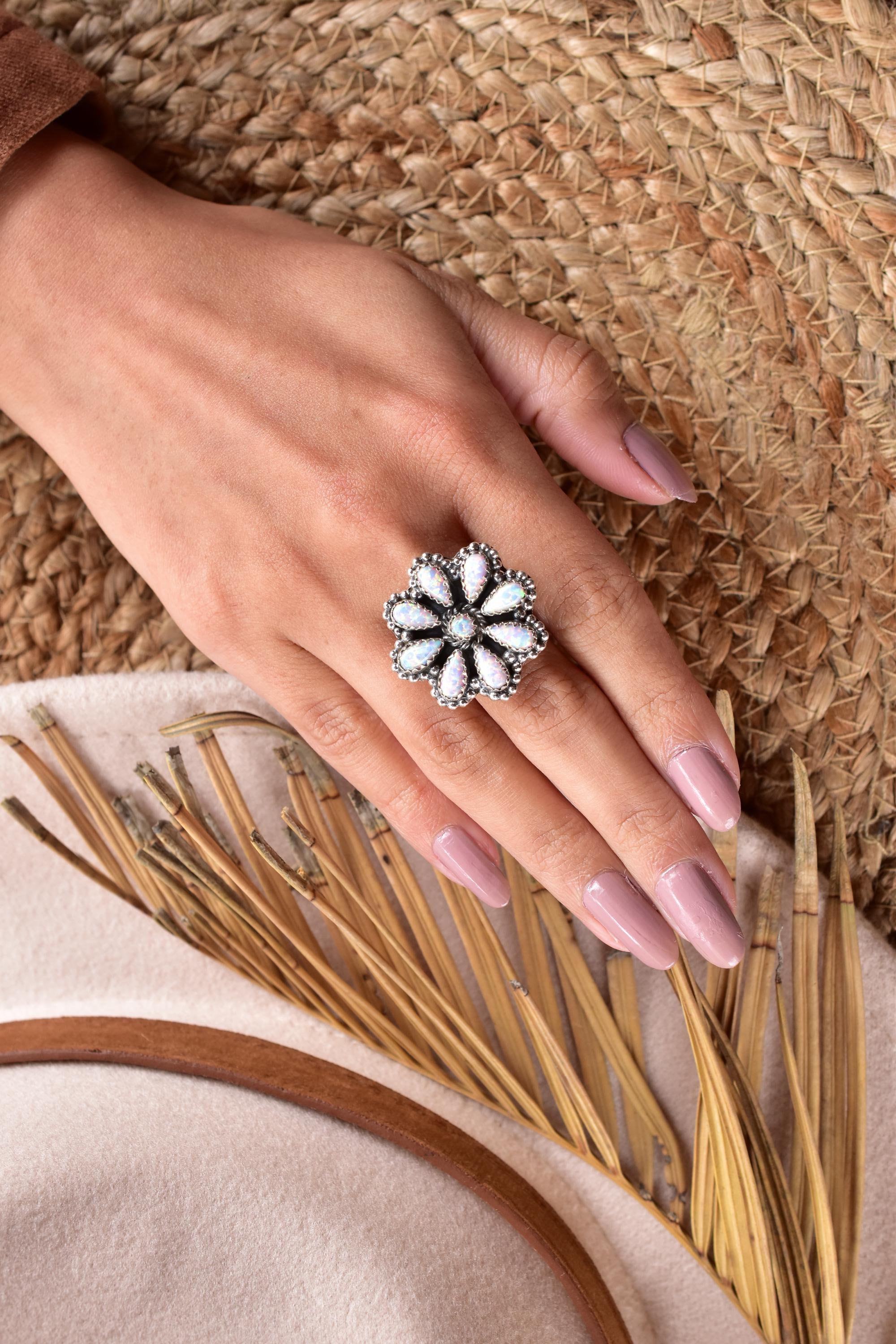 Handmade White Sparkling Opal & Sterling Silver Adjustable Ring, Statement Ring for Women