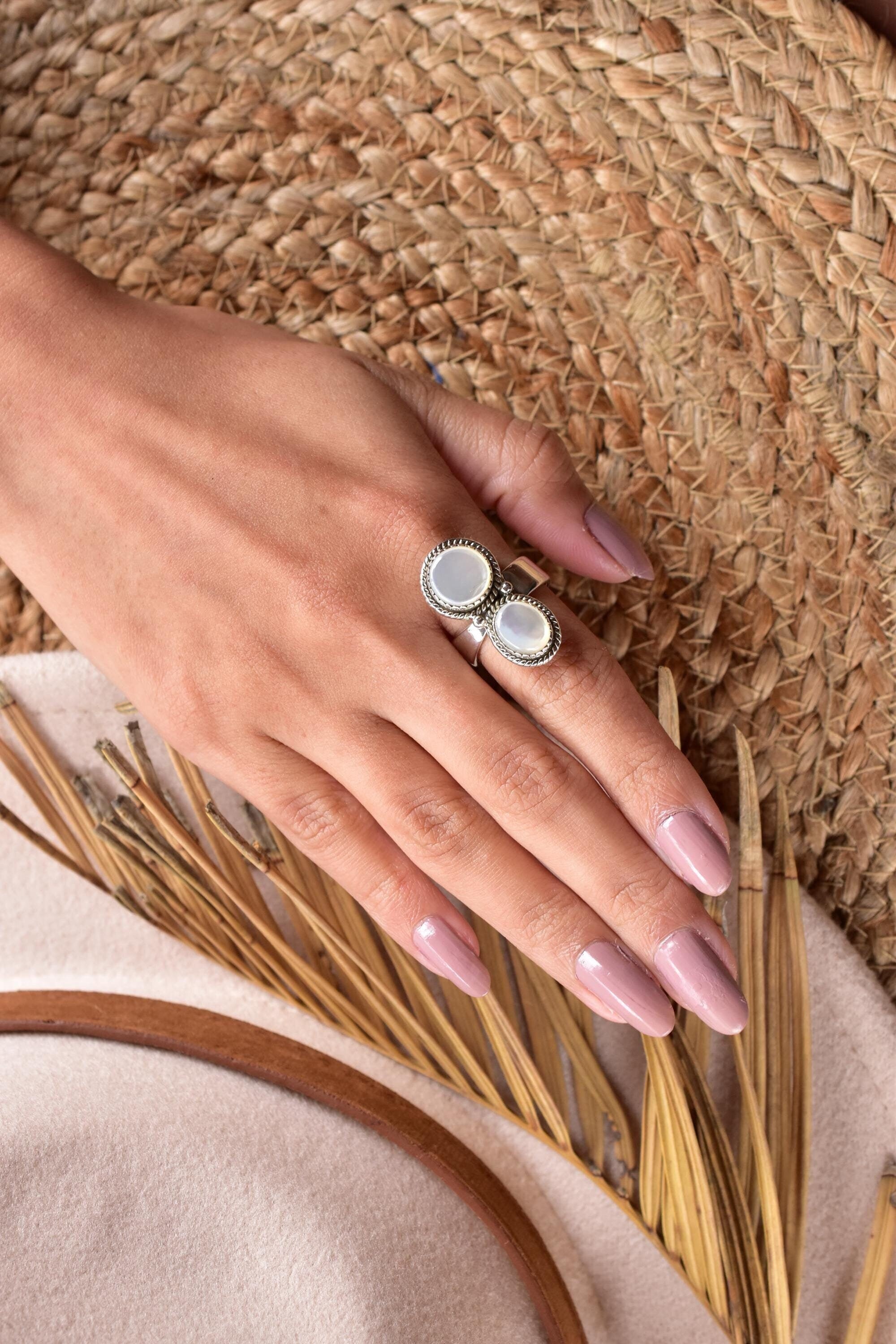 Handmade Mother of Pearl & Sterling Silver Adjustable Crawler Ring, Statement Ring for Women