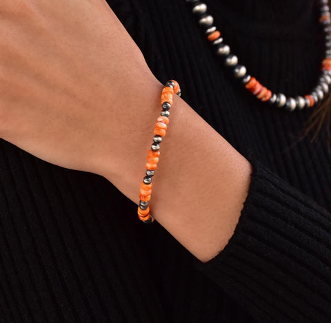 Handmade Sterling Silver Pearls & Orange Spiny Oyster Turquoise Stretch Bracelet