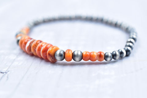 Handmade Sterling Silver Pearls & Orange Spiny Oyster Turquoise 5MM Stretch Bracelet