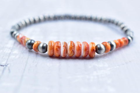 Handmade Sterling Silver Pearls & Orange Spiny Oyster Turquoise 5MM Stretch Bracelet