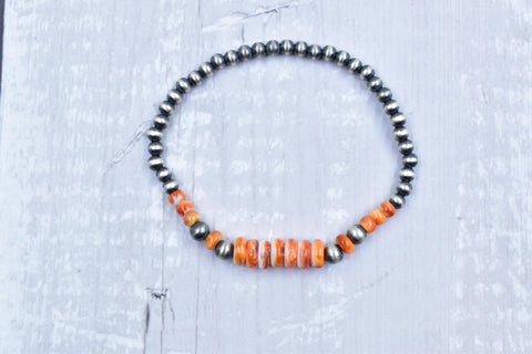 Handmade Sterling Silver Pearls & Orange Spiny Oyster Turquoise 5MM Stretch Bracelet