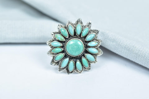 Handmade Turquoise & Sterling Silver Adjustable Ring, Flower Statement Ring for Women