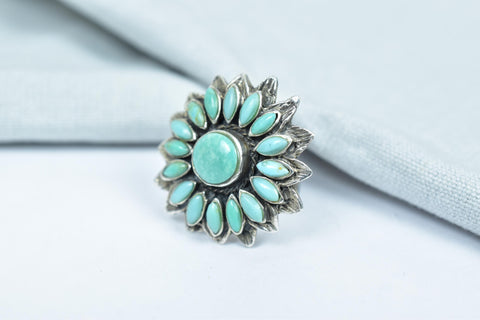 Handmade Turquoise & Sterling Silver Adjustable Ring, Flower Statement Ring for Women
