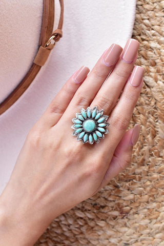 Handmade Turquoise & Sterling Silver Adjustable Ring, Flower Statement Ring for Women