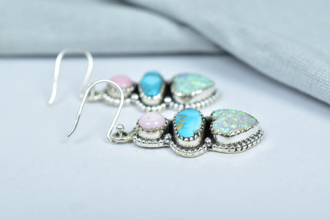 Handmade Aurora Opal Turquoise Earrings: Sterling Silver Dangle Drop