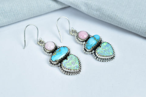 Handmade Aurora Opal Turquoise Earrings: Sterling Silver Dangle Drop