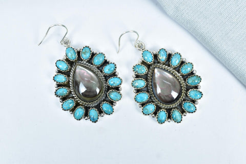 Handmade Sterling Silver Black Shell & Mojave Turquoise Dangle Earrings