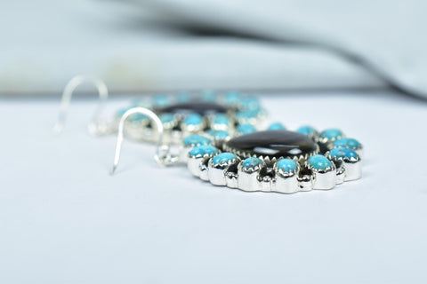 Handmade Sterling Silver Black Shell & Mojave Turquoise Dangle Earrings