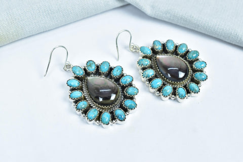 Handmade Sterling Silver Black Shell & Mojave Turquoise Dangle Earrings