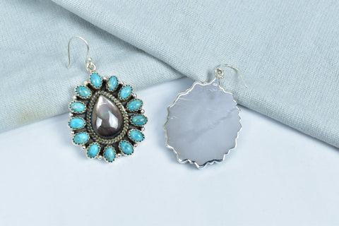 Handmade Sterling Silver Black Shell & Mojave Turquoise Dangle Earrings