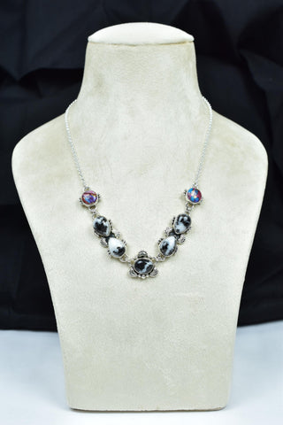 Handmade Zebra Jasper & Pink Dahlia Turquoise 925 Sterling Silver Necklace