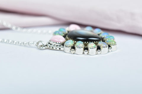 Handmade Black Shell, Ethiopian Opal & Sterling Silver Necklace
