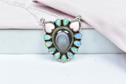 Handmade Black Shell, Ethiopian Opal & Sterling Silver Necklace