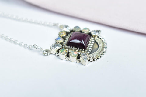Handmade Sterling Silver Purple Spiny Oyster & Opal Cluster Necklace