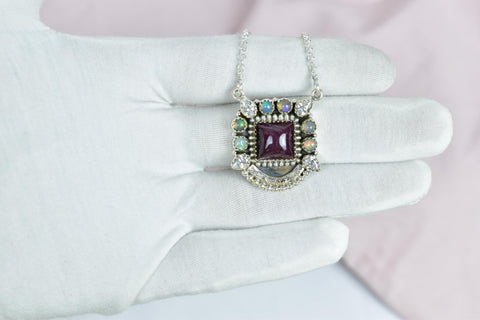 Handmade Sterling Silver Purple Spiny Oyster & Opal Cluster Necklace