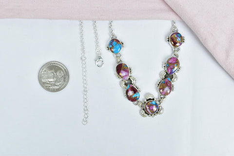 Handmade Pink Dahlia Turquoise & Sterling Silver Necklace with 17 inch Adjustable Chain