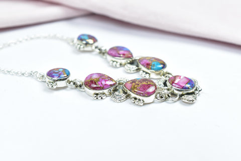 Handmade Pink Dahlia Turquoise & Sterling Silver Necklace with 17 inch Adjustable Chain