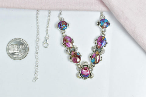 Handmade Pink Dahlia Turquoise & Sterling Silver Necklace with 17 inch Adjustable Chain
