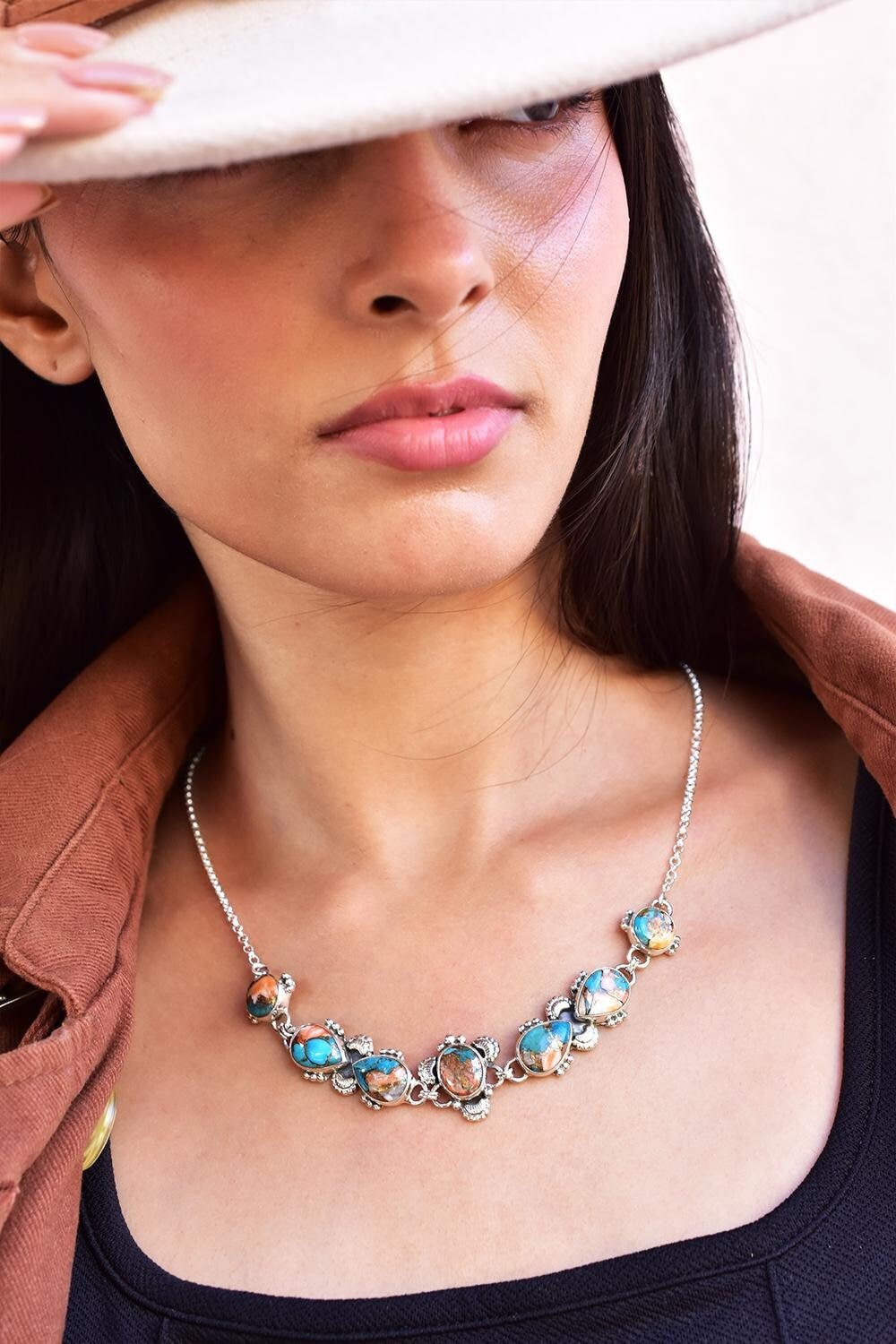 Handmade Spiny Oyster Turquoise & Sterling Silver Necklace with 18 inch Adjustable Chain
