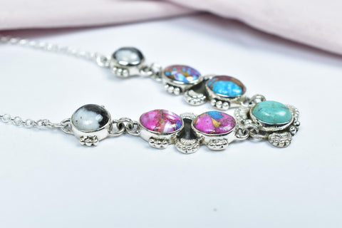 Handmade Pink Dahlia Turquoise & Sterling Silver Necklace with 16 inch Adjustable Chain