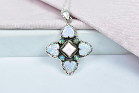 Handmade Pink Conch, Aurora Opal & Sterling Silver Pendant