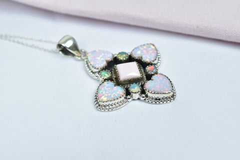 Handmade Pink Conch, Aurora Opal & Sterling Silver Pendant