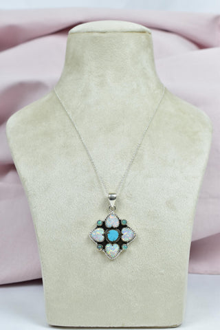 Handmade Turquoise & Aurora Opal Sterling Silver Pendant Necklace