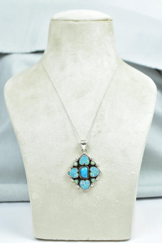 Handmade Aurora Opal & Turquoise Sterling Silver Cluster Pendant with 16 inch Adjustable Chain