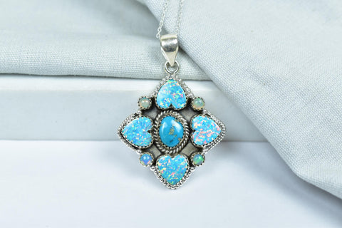 Handmade Aurora Opal & Turquoise Sterling Silver Pendant with 16 inch Adjustable Chain