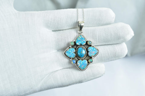 Handmade Aurora Opal & Turquoise Sterling Silver Pendant with 16 inch Adjustable Chain