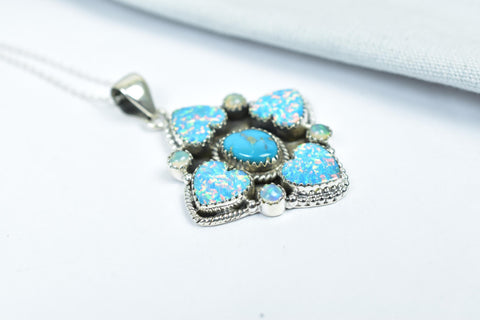 Handmade Aurora Opal & Turquoise Sterling Silver Pendant with 16 inch Adjustable Chain
