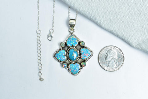 Handmade Aurora Opal & Turquoise Sterling Silver Pendant with 16 inch Adjustable Chain