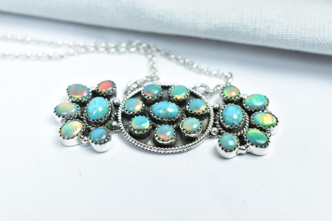 Handmade Aurora Opal & Mojave Turquoise Sterling Silver Necklace with 18 inch Adjustable Chain