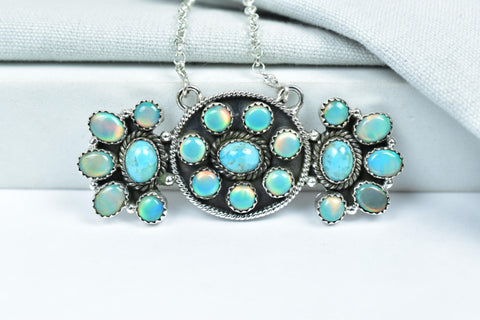 Handmade Aurora Opal & Mojave Turquoise Sterling Silver Necklace with 18 inch Adjustable Chain