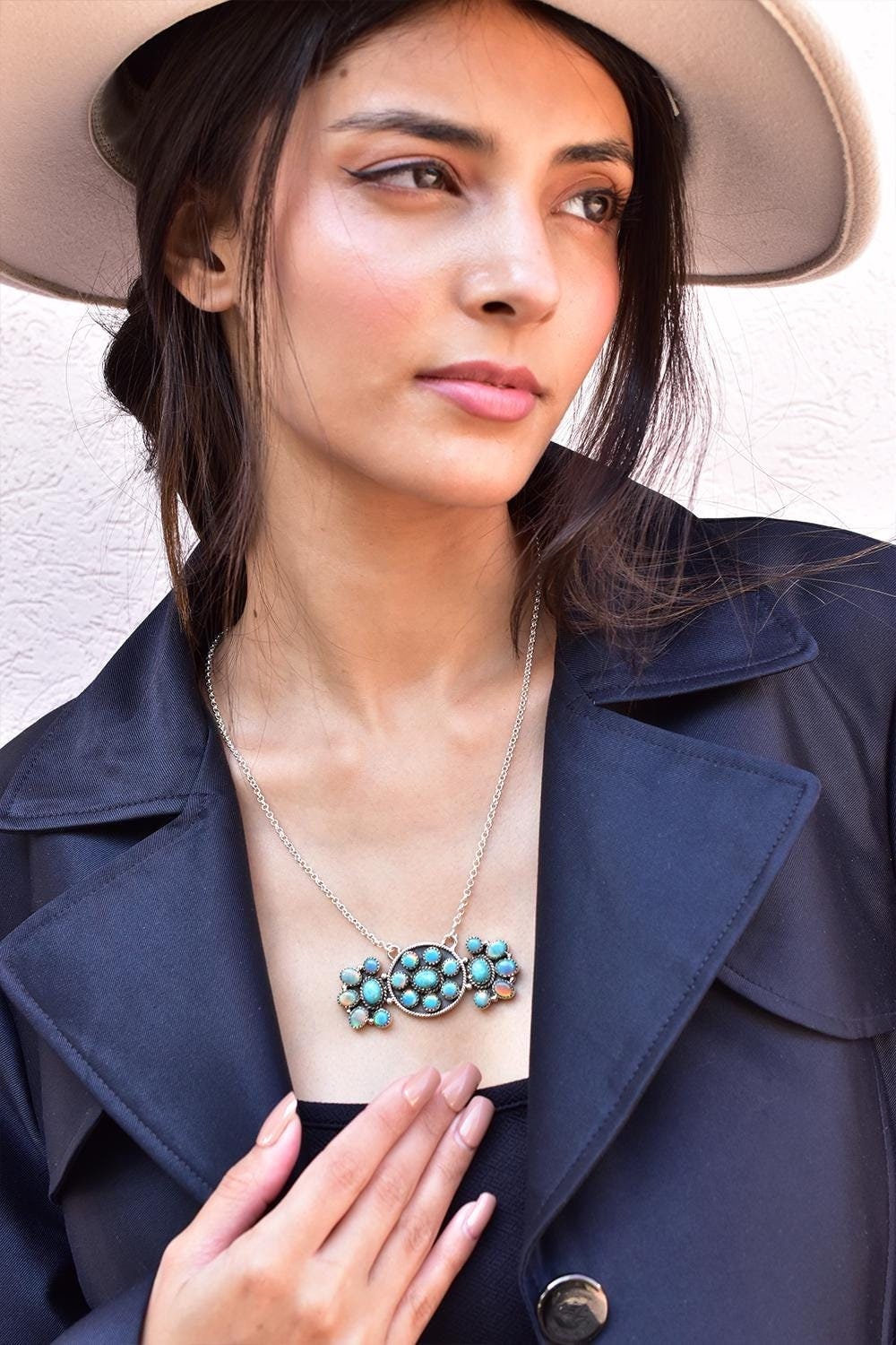 Handmade Aurora Opal & Mojave Turquoise Sterling Silver Necklace with 18 inch Adjustable Chain