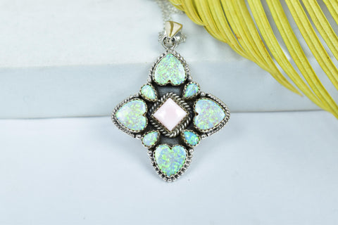 Handmade Pink Conch, Aurora Opal & Sterling Silver Pendant